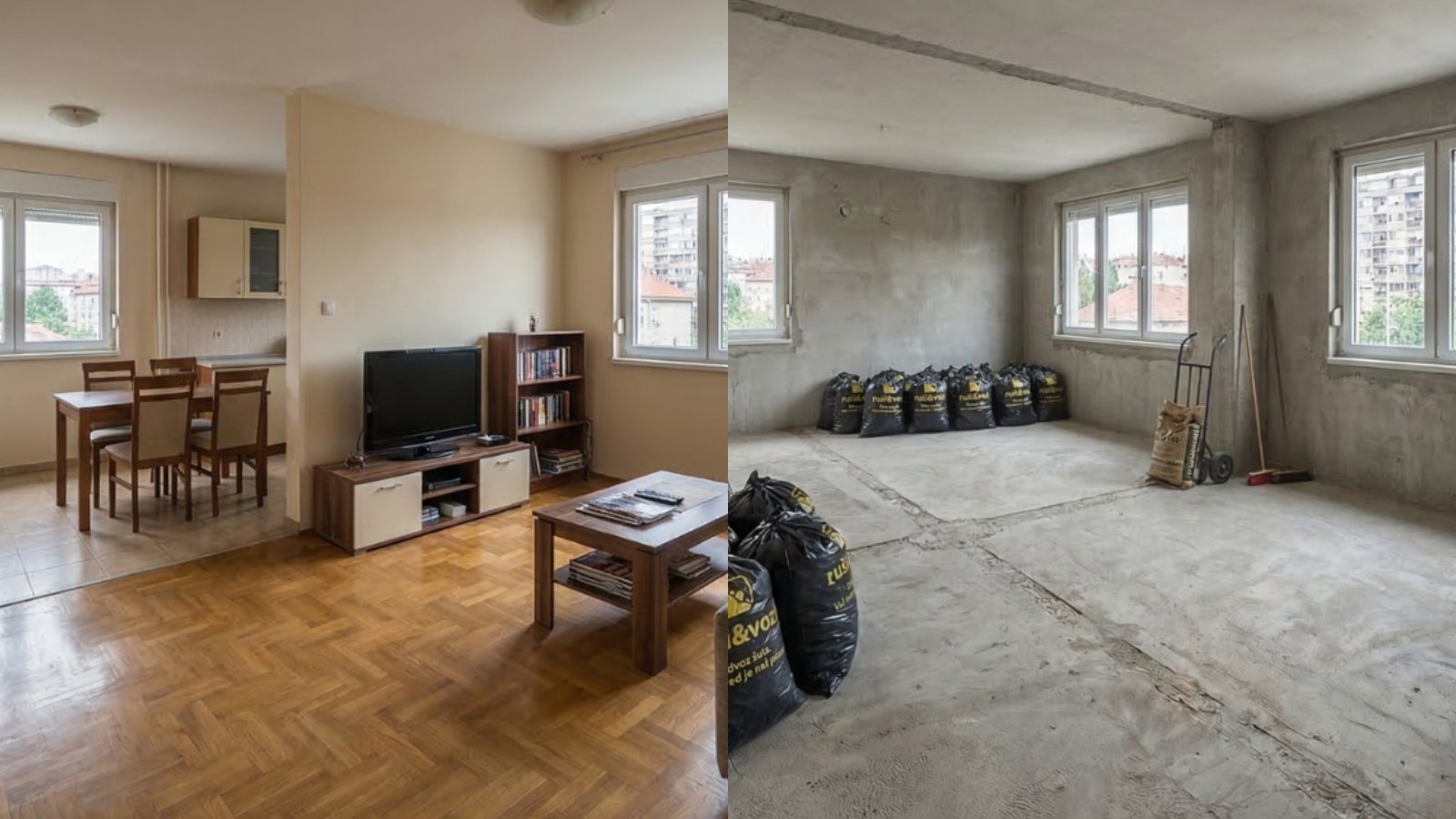 Prostor posle rušenja pregradnog zida — otvoren, čist